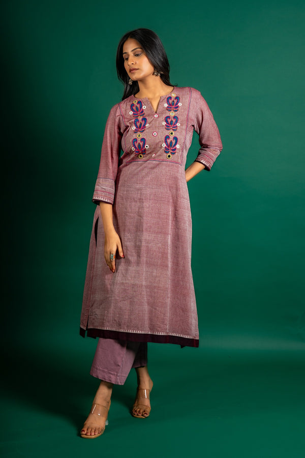 Handloom A-line top patch work with mirror work on yoke, cotton pant