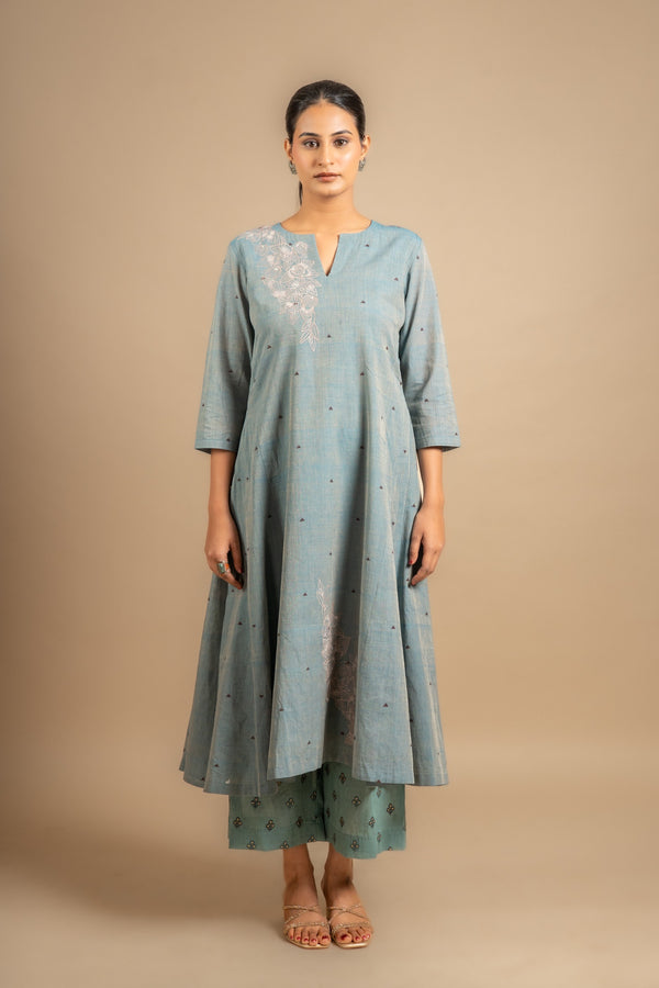 Greyish blue panel with Kali handloom top with thread and sequin work and cotton pant with thread buti