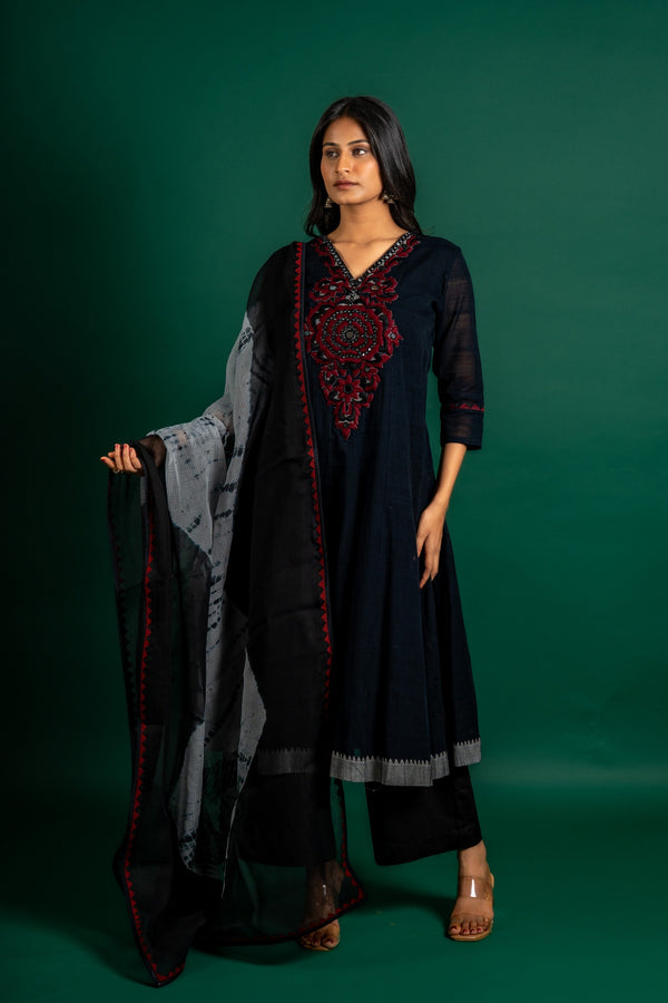 Black handloom Kali top with thread and mirror embossing work on neck, Kota dupatta combination of grey and black with maroon, with black pant