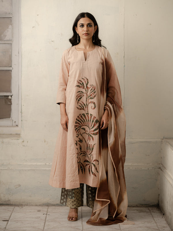 Beige Hand-Woven Cotton Kurti with Patchwork, Printed Pants and Shaded Dupatta