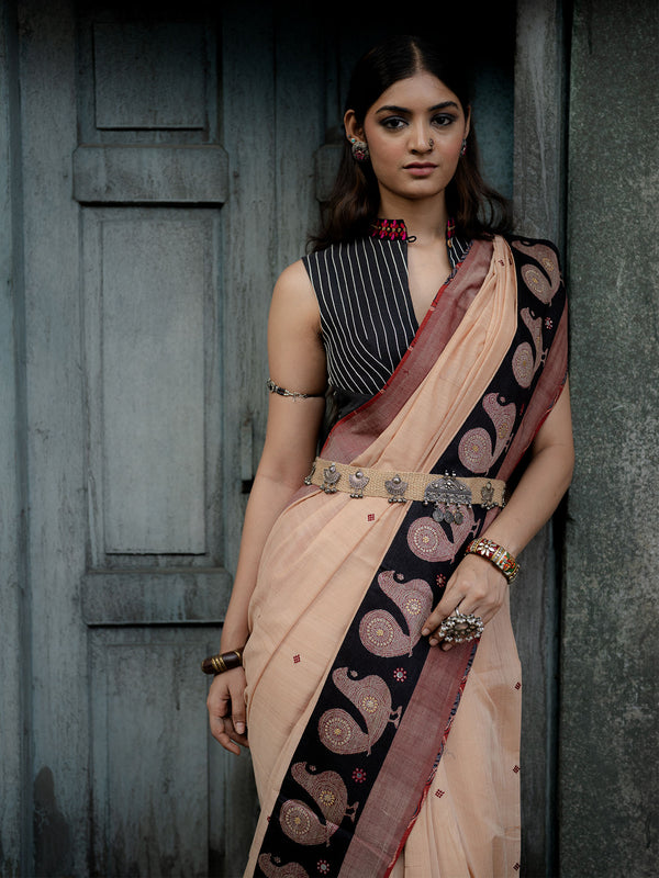 Beige Handwoven Cotton Saree with Contrast Border, Blouse, Pants