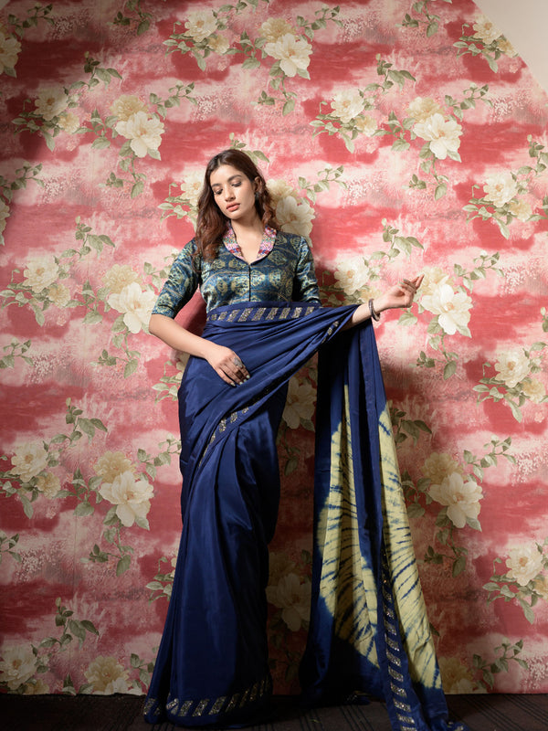 Blue Tie and Dye Silk Sari with Ajrakh Print Mashru Silk Blouse