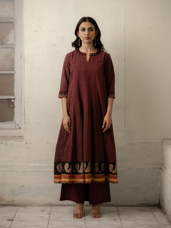 Maroon Checked Hand-Woven Cotton Kurti with Sequins, Mirrors with Pants