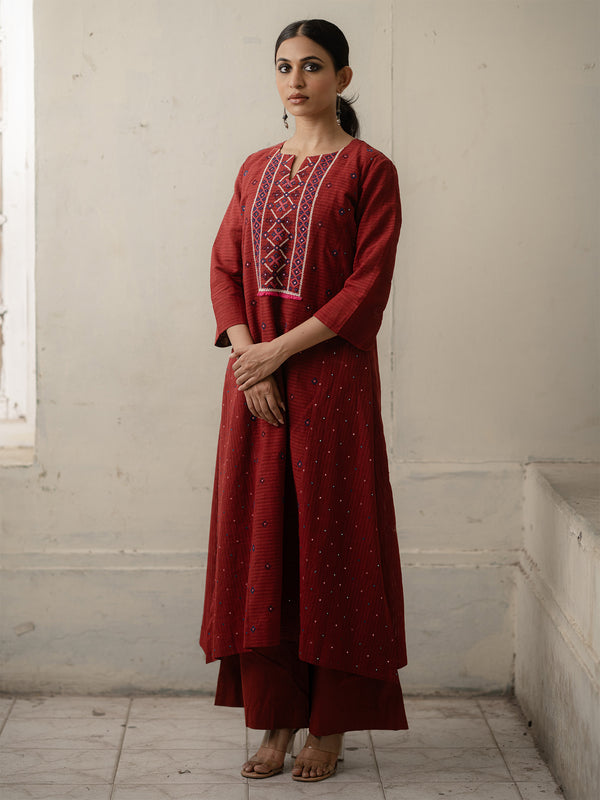 Maroon Hand-Woven Cotton Mirror Work and Embroidered Kurti with Pants.
