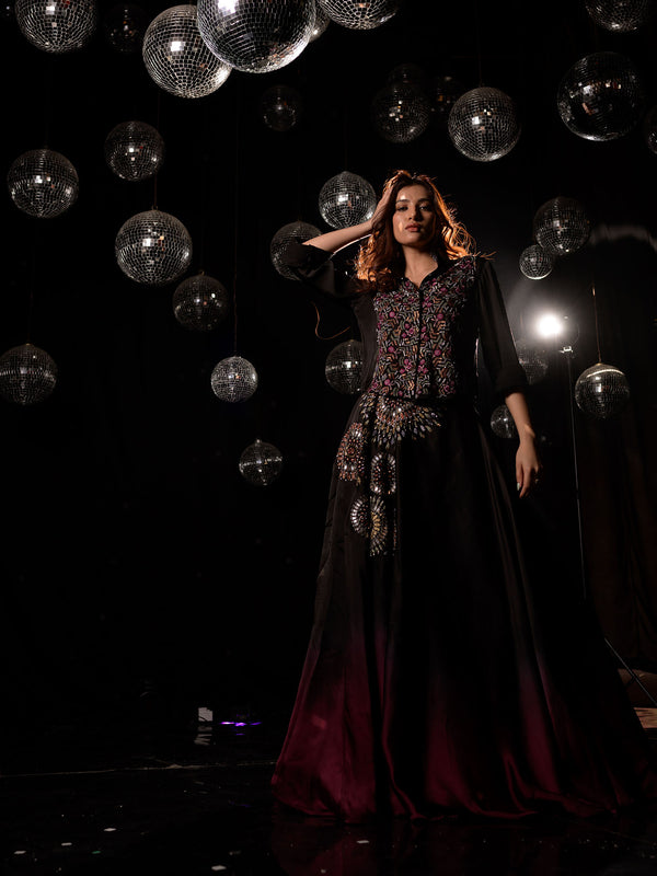 Ombre Shaded Silk Embroidered Lehenga With Shirt Style Blouse