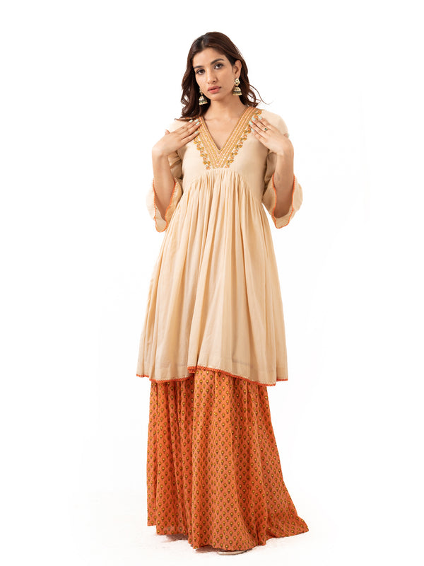 Cotton top with gathers and embroidery with printed Sharara pants