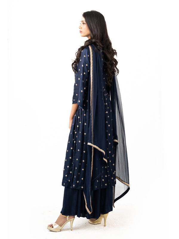 Zari and sequin embroidered top with chiffon dupatta and cut pants