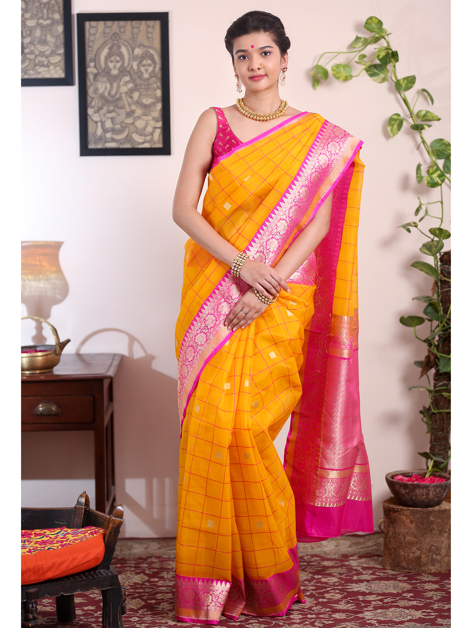 Yellow Banarasi Kora Saree with Pink Border Mamatha Tulluri