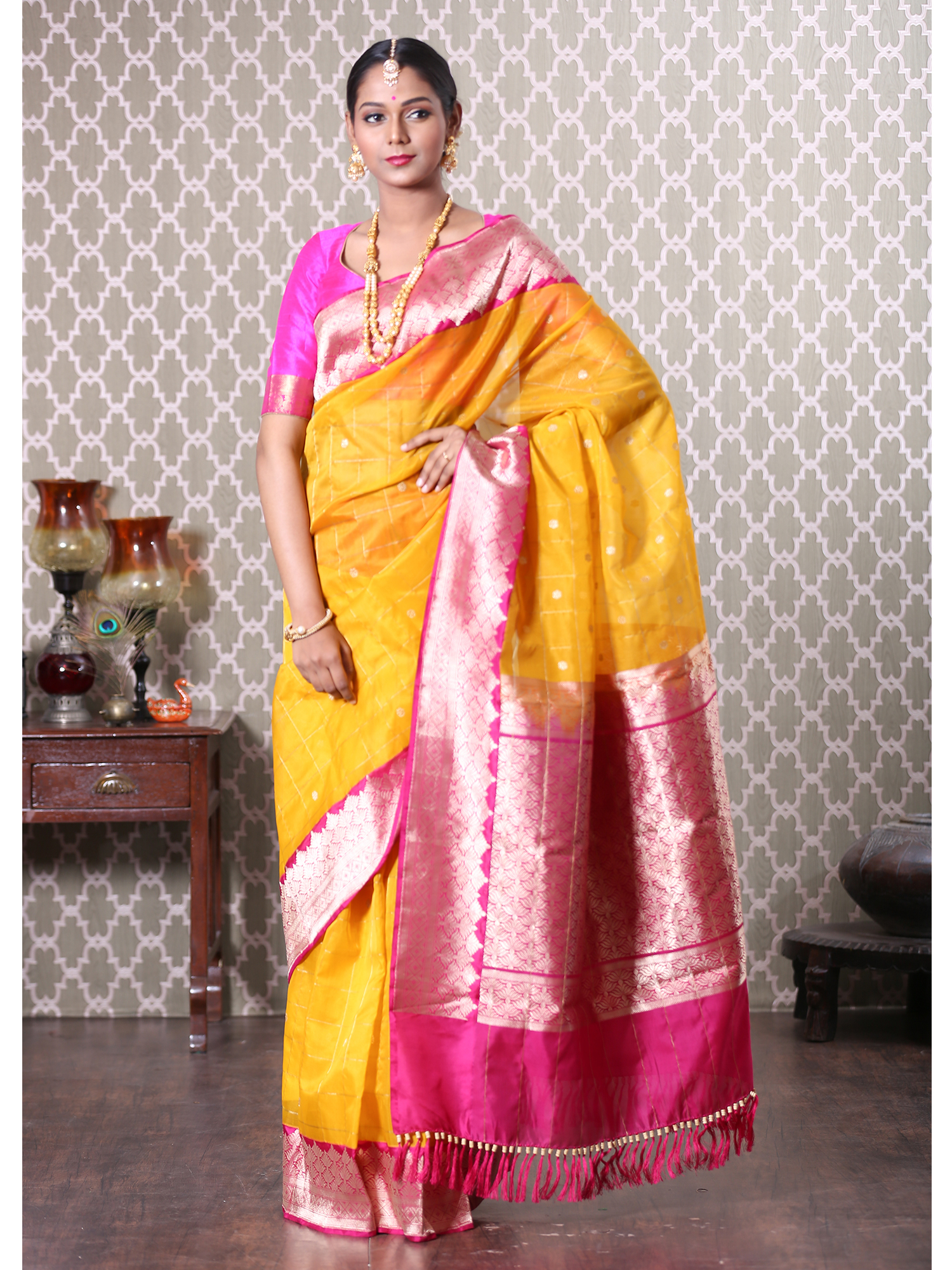 Yellow Banarasi Kora Saree with Pink Border Mamatha Tulluri