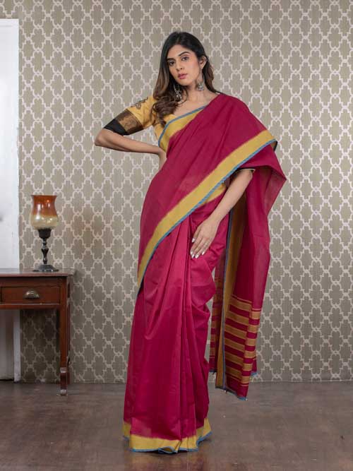 Handwoven Maroon Cotton Sari