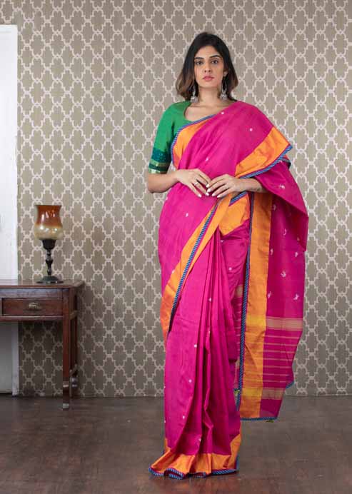 Handwoven Pink Chanderi Cotton Sari