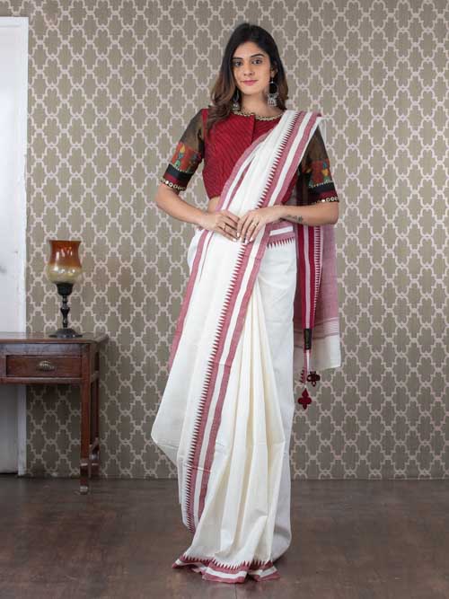 Handwoven White Malkha Cotton Sari