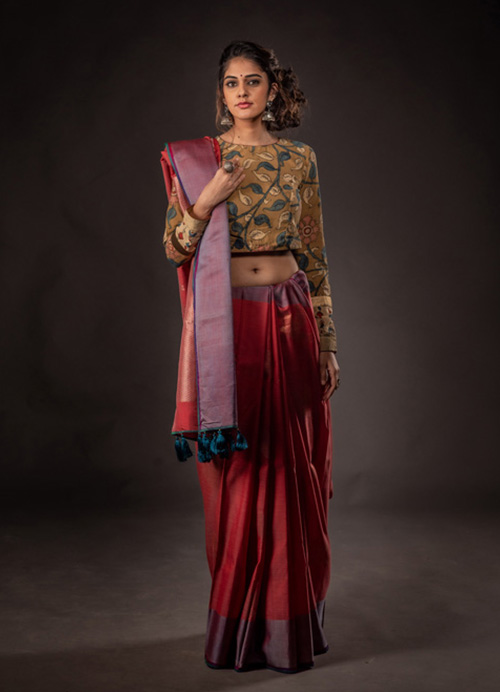 Natural Dyed Dual-Toned Cotton Silk Sari with Self Blouse