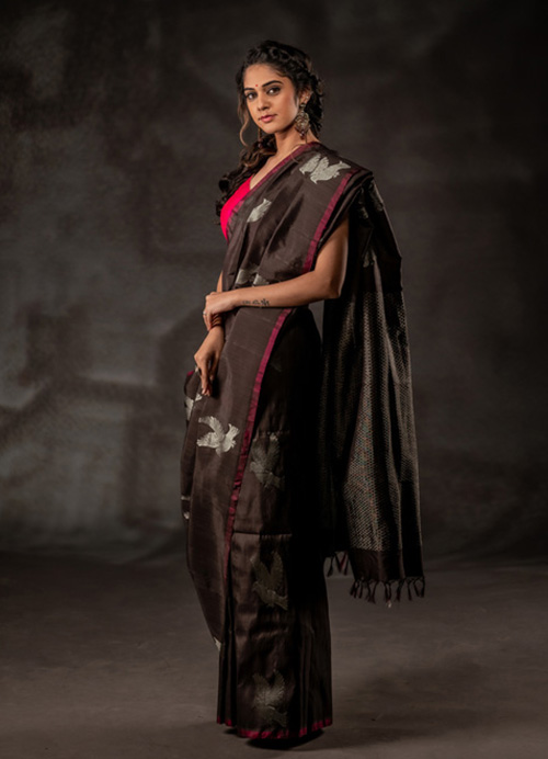 Natural Dyed Pure Silk Sari with Bird Motifs and Self Blouse