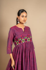 Purple pink handloom Kali top with tiny mirror and thread embossing work with tie and dye Kota dupatta with mirror, cotton pant
