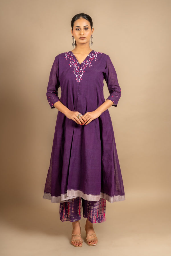 Purple handloom Kali top with thread embroidery on neck and tie and dye pant