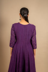 Purple handloom Kali top with thread embroidery on neck and tie and dye pant