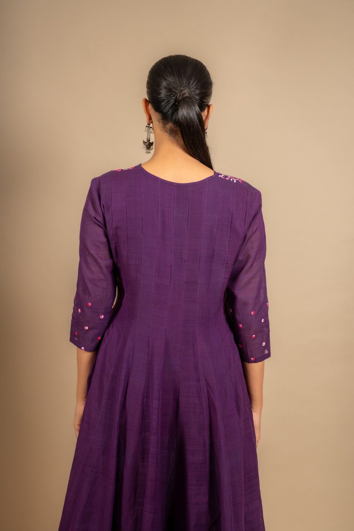 Purple handloom Kali top with thread embroidery on neck and tie and dye pant