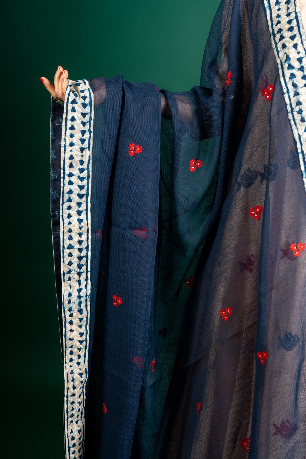 Handloom Kali top with indigo blue Kota dupatta with thread work, with simple detailing on the neck and sleeve