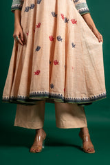 Handloom Kali top with indigo blue Kota dupatta with thread work, with simple detailing on the neck and sleeve