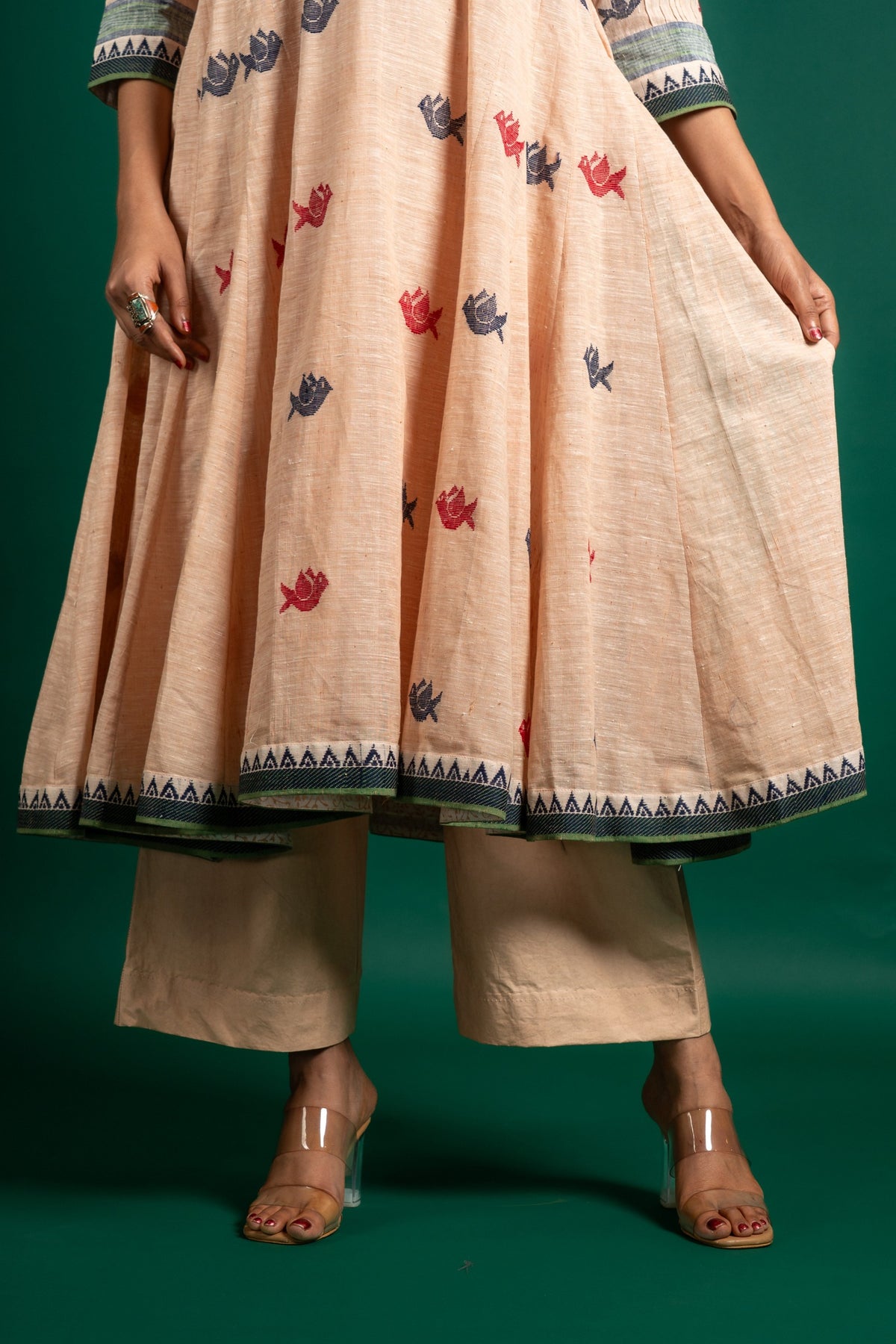Handloom Kali top with indigo blue Kota dupatta with thread work, with simple detailing on the neck and sleeve