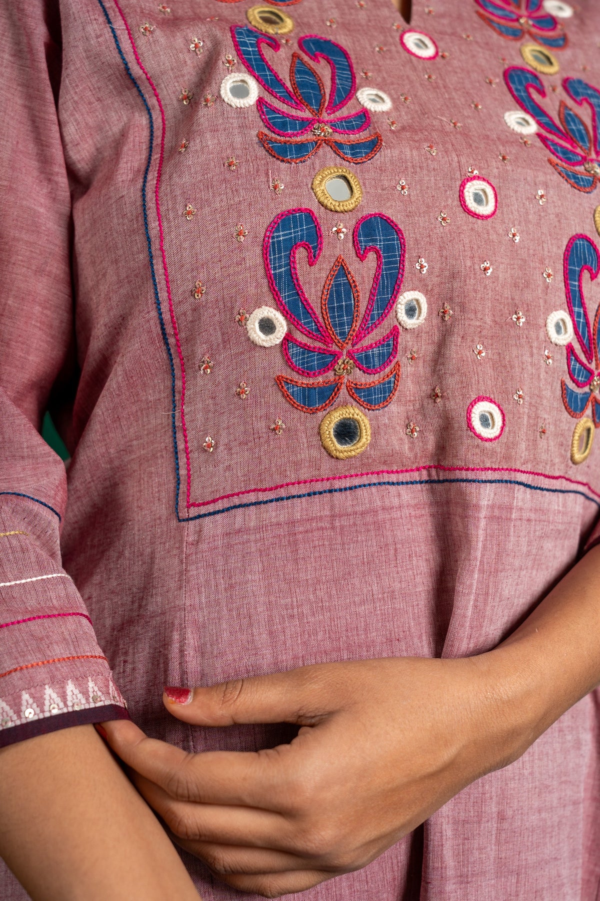 Handloom A-line top patch work with mirror work on yoke, cotton pant