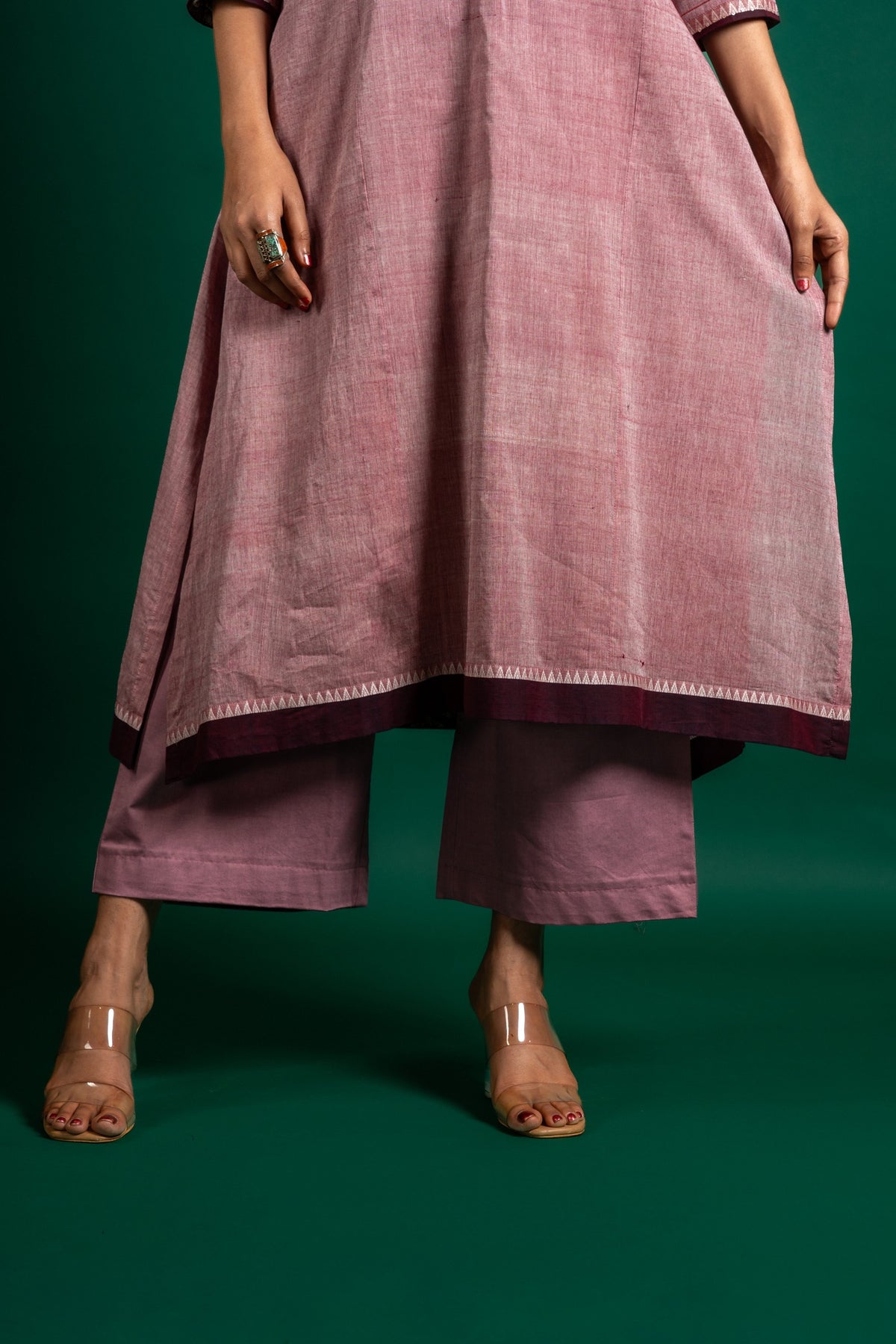 Handloom A-line top patch work with mirror work on yoke, cotton pant