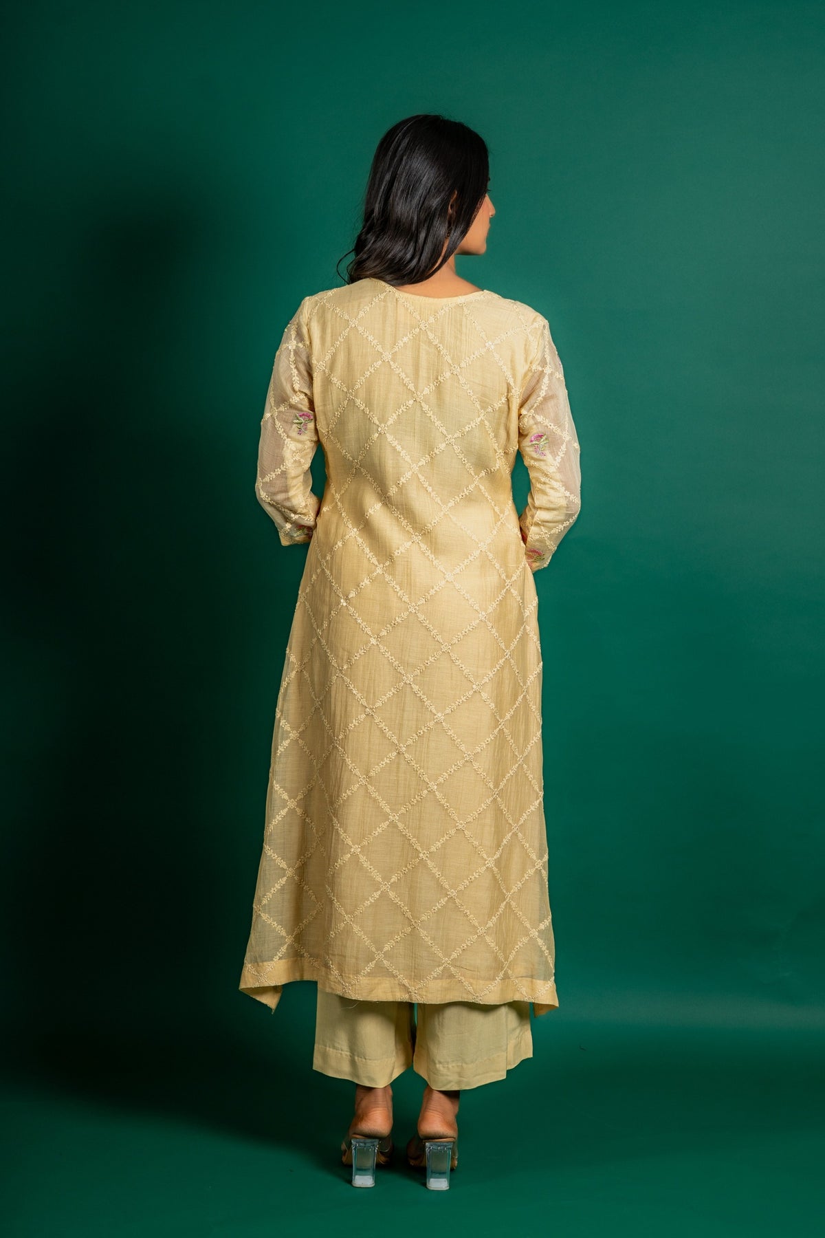 Light yellow Chanderi cotton A-line, all over thread work, little sequin work and organza dupatta with rayon pant