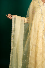Light yellow Chanderi cotton A-line, all over thread work, little sequin work and organza dupatta with rayon pant