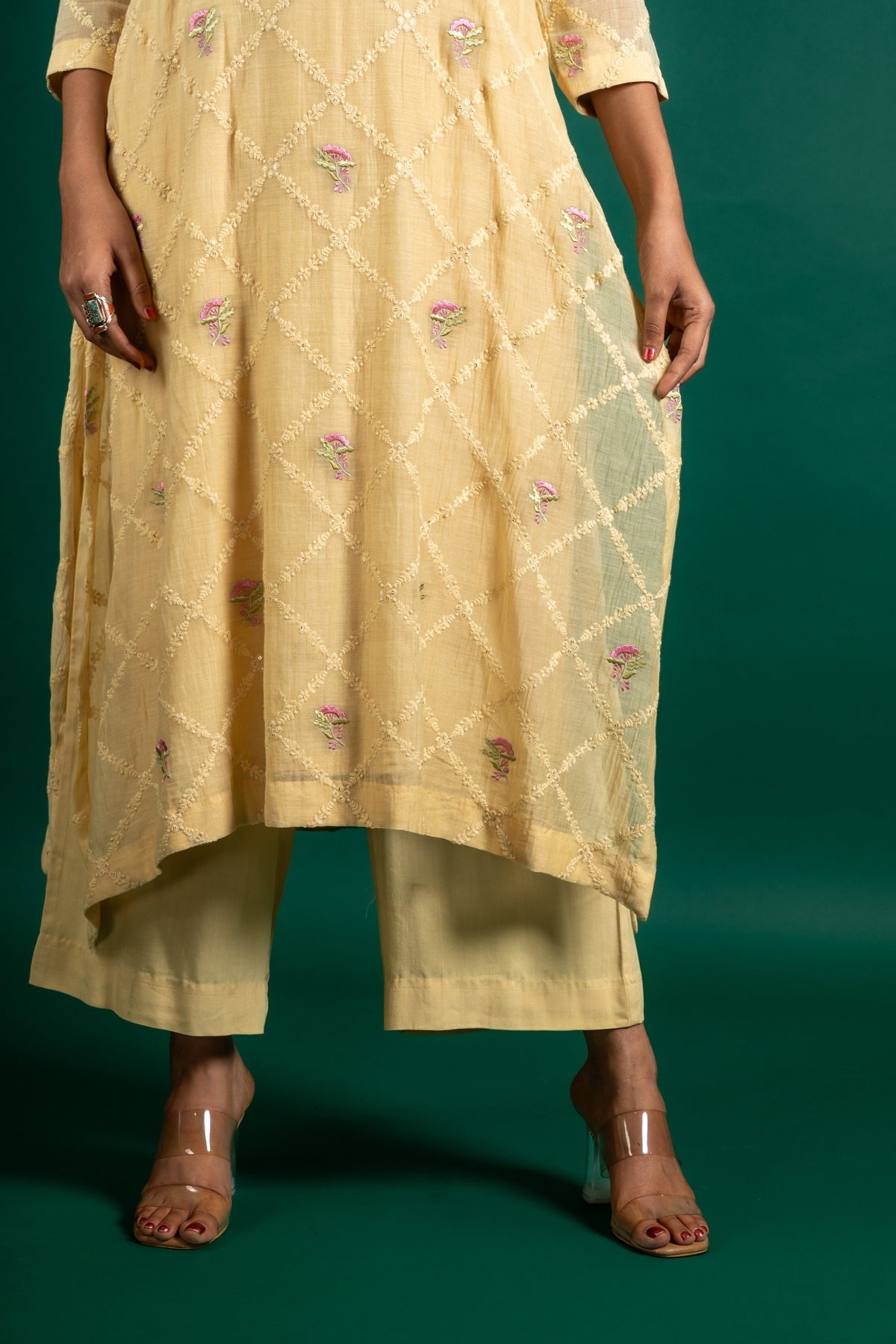 Light yellow Chanderi cotton A-line, all over thread work, little sequin work and organza dupatta with rayon pant