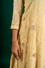 Light yellow Chanderi cotton A-line, all over thread work, little sequin work and organza dupatta with rayon pant