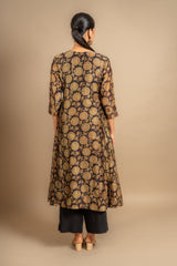 Chanderi black with green printed Kali top with zari with sequin work on yoke, rayon pant