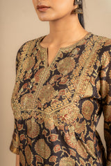 Chanderi black with green printed Kali top with zari with sequin work on yoke, rayon pant