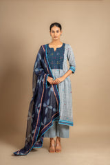 Handloom straight cut top grey with blue combo with thread and mirror work on yoke, blue Kota dupatta tie and dye, cotton pant
