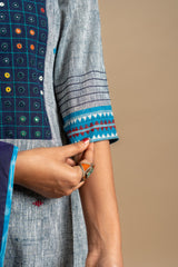 Handloom straight cut top grey with blue combo with thread and mirror work on yoke, blue Kota dupatta tie and dye, cotton pant