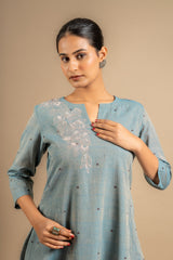 Greyish blue panel with Kali handloom top with thread and sequin work and cotton pant with thread buti