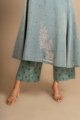 Greyish blue panel with Kali handloom top with thread and sequin work and cotton pant with thread buti