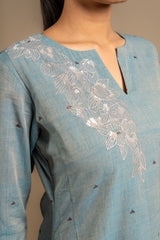 Greyish blue panel with Kali handloom top with thread and sequin work and cotton pant with thread buti
