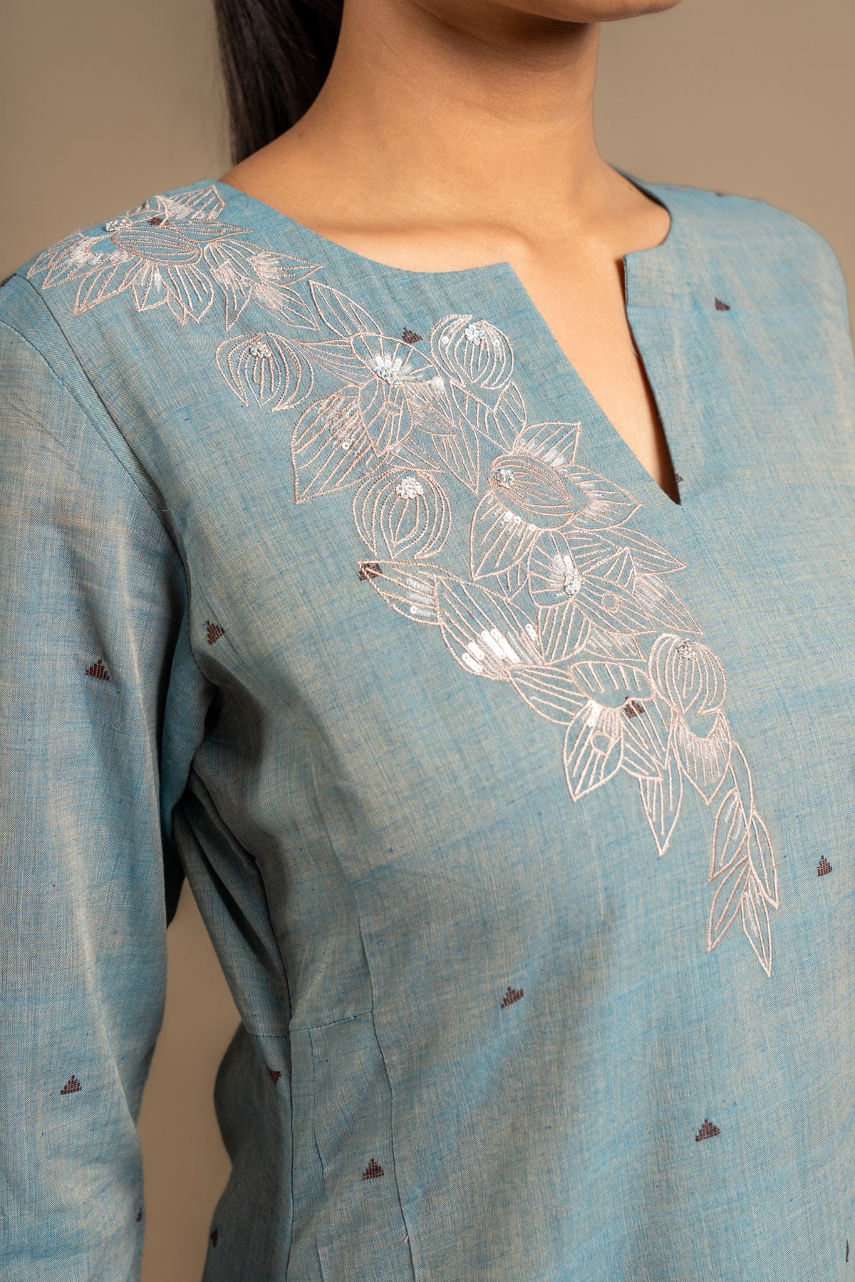 Greyish blue panel with Kali handloom top with thread and sequin work and cotton pant with thread buti