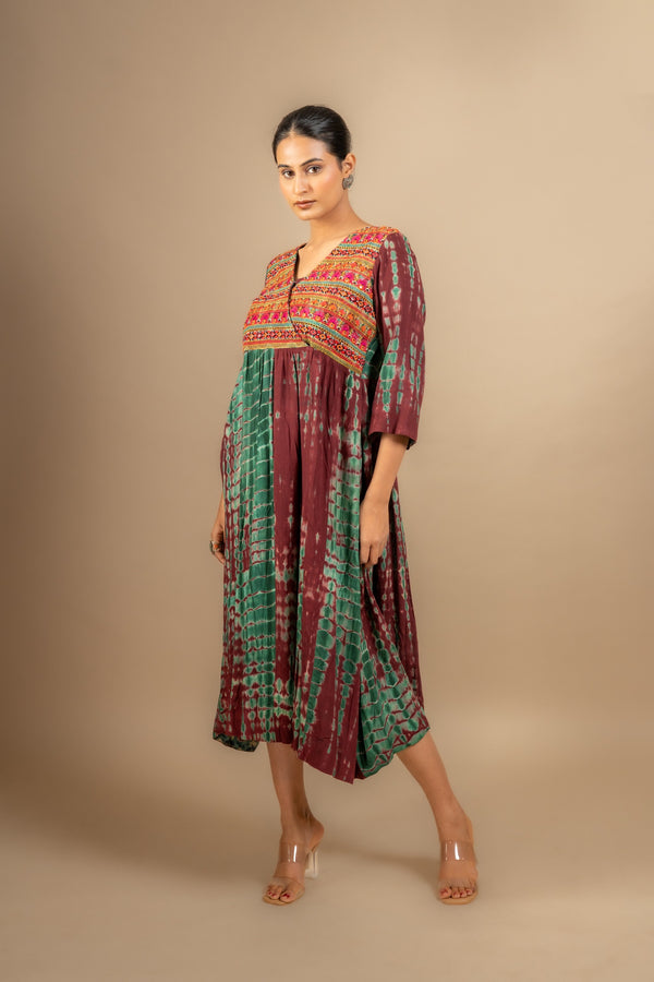Rayon Shibpur effect frock overlap pattern with thread and mirror small bead work on yoke