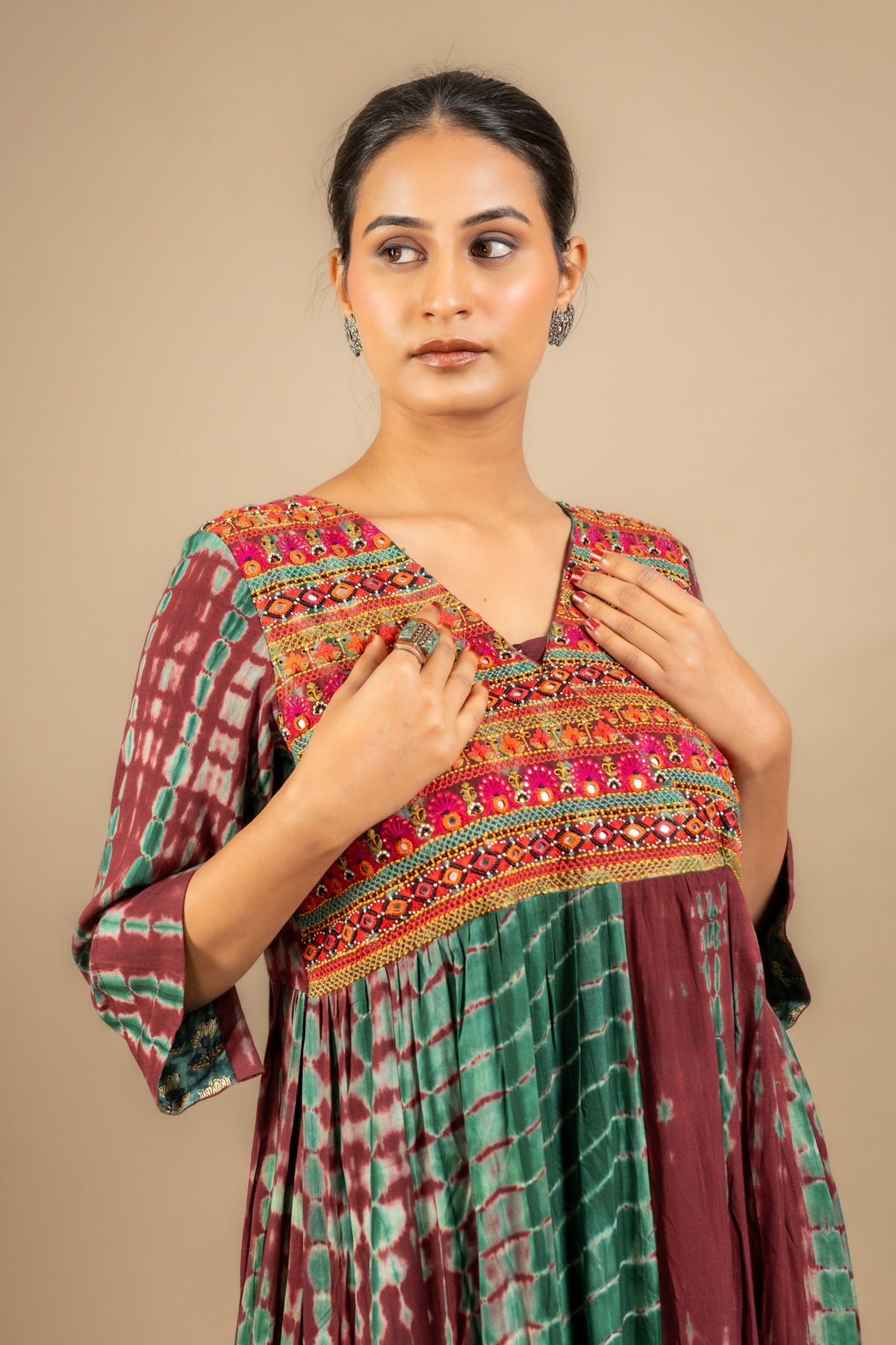 Rayon Shibpur effect frock overlap pattern with thread and mirror small bead work on yoke