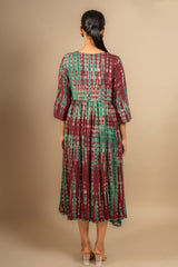 Rayon Shibpur effect frock overlap pattern with thread and mirror small bead work on yoke