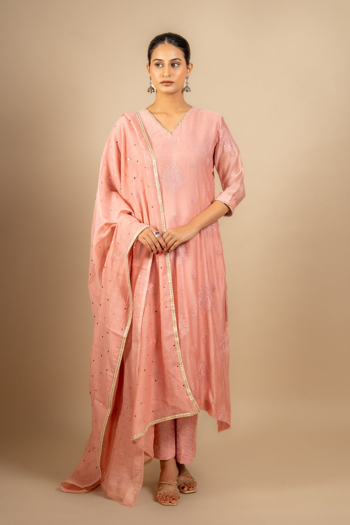 Peach Chanderi cotton with thread buti all over, small detailing on neck and sleeve, same shade Chanderi dupatta Chikankari with Mukesh work and rayon pant