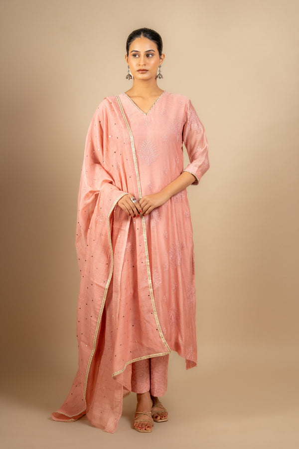 Peach Chanderi cotton with thread buti all over, small detailing on neck and sleeve, same shade Chanderi dupatta Chikankari with Mukesh work and rayon pant
