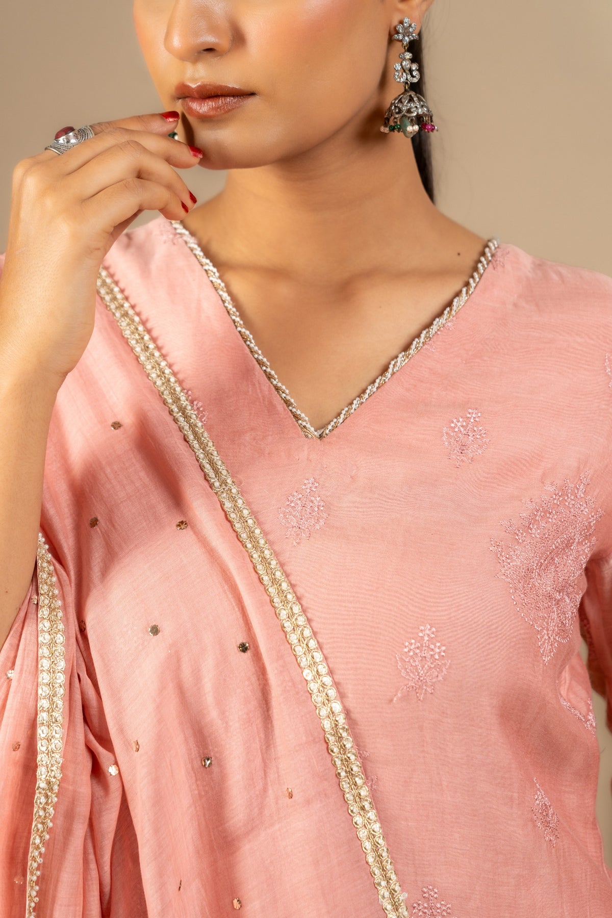 Peach Chanderi cotton with thread buti all over, small detailing on neck and sleeve, same shade Chanderi dupatta Chikankari with Mukesh work and rayon pant