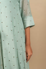 Mint green Chanderi A-line top with Chikankari with Mukesh work, same shade Chanderi dupatta with Mukesh work and rayon pant