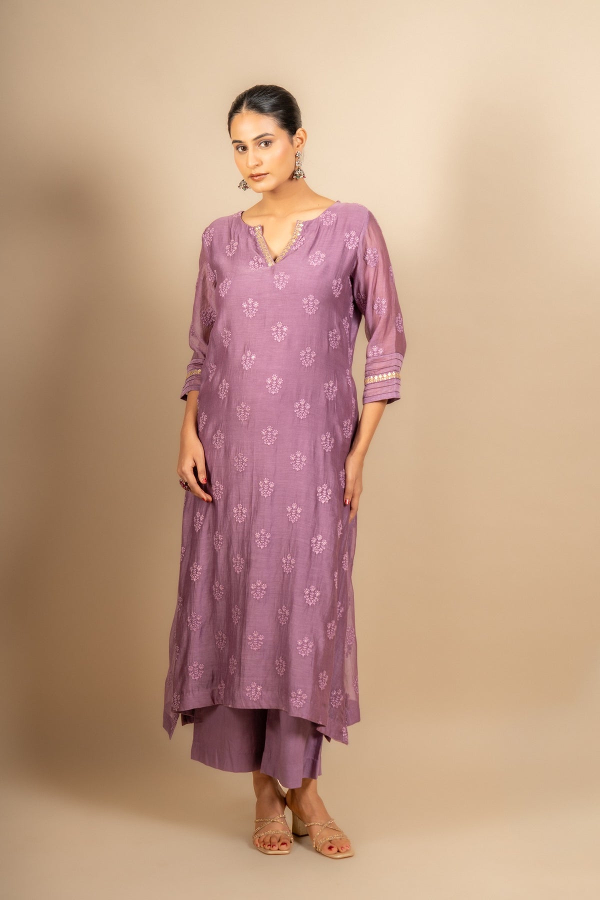 Lavender Chanderi cotton A-line top thread with sequin work and rayon pant and same colour Chanderi cotton dupatta with zari work