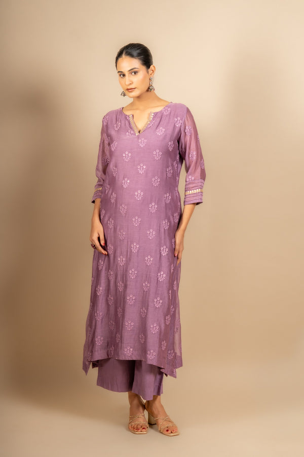Lavender Chanderi cotton A-line top thread with sequin work and rayon pant and same colour Chanderi cotton dupatta with zari work