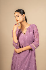 Lavender Chanderi cotton A-line top thread with sequin work and rayon pant and same colour Chanderi cotton dupatta with zari work