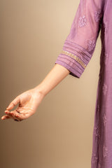 Lavender Chanderi cotton A-line top thread with sequin work and rayon pant and same colour Chanderi cotton dupatta with zari work